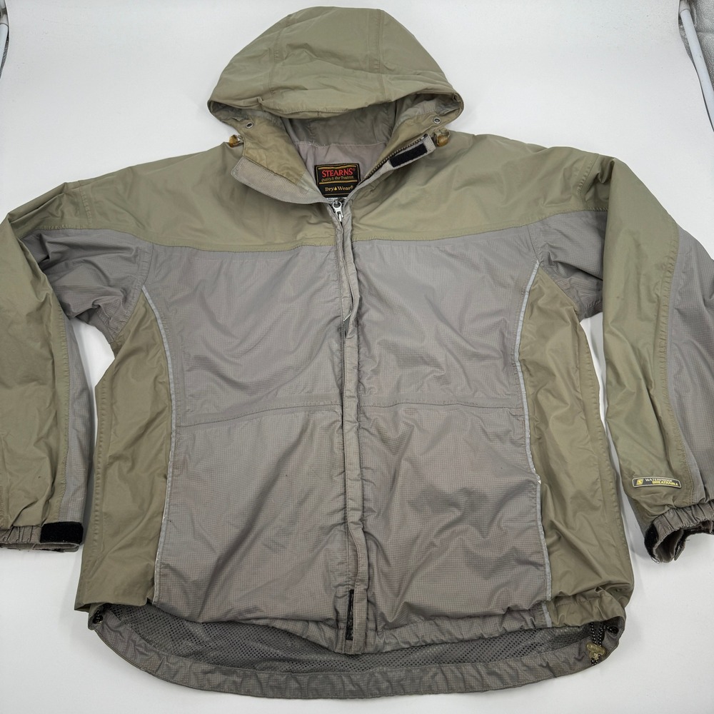 Stearns DryWear Rain Jacket Mens Medium Olive Green Grey Hooded Waterproof 8732